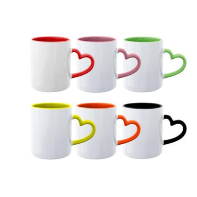 "Taza de cerámica blanca con interior a color y asa en forma de corazón / 12 𝗧𝗔𝗭𝗔𝗦, cada una con caja individual."